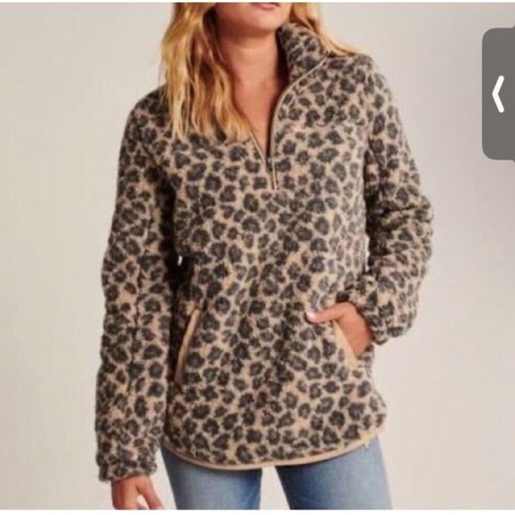 Abercrombie & Fitch Womens XXS Leopard Animal Print Sherpa Fleece Jacket Coat - Picture 1 of 12